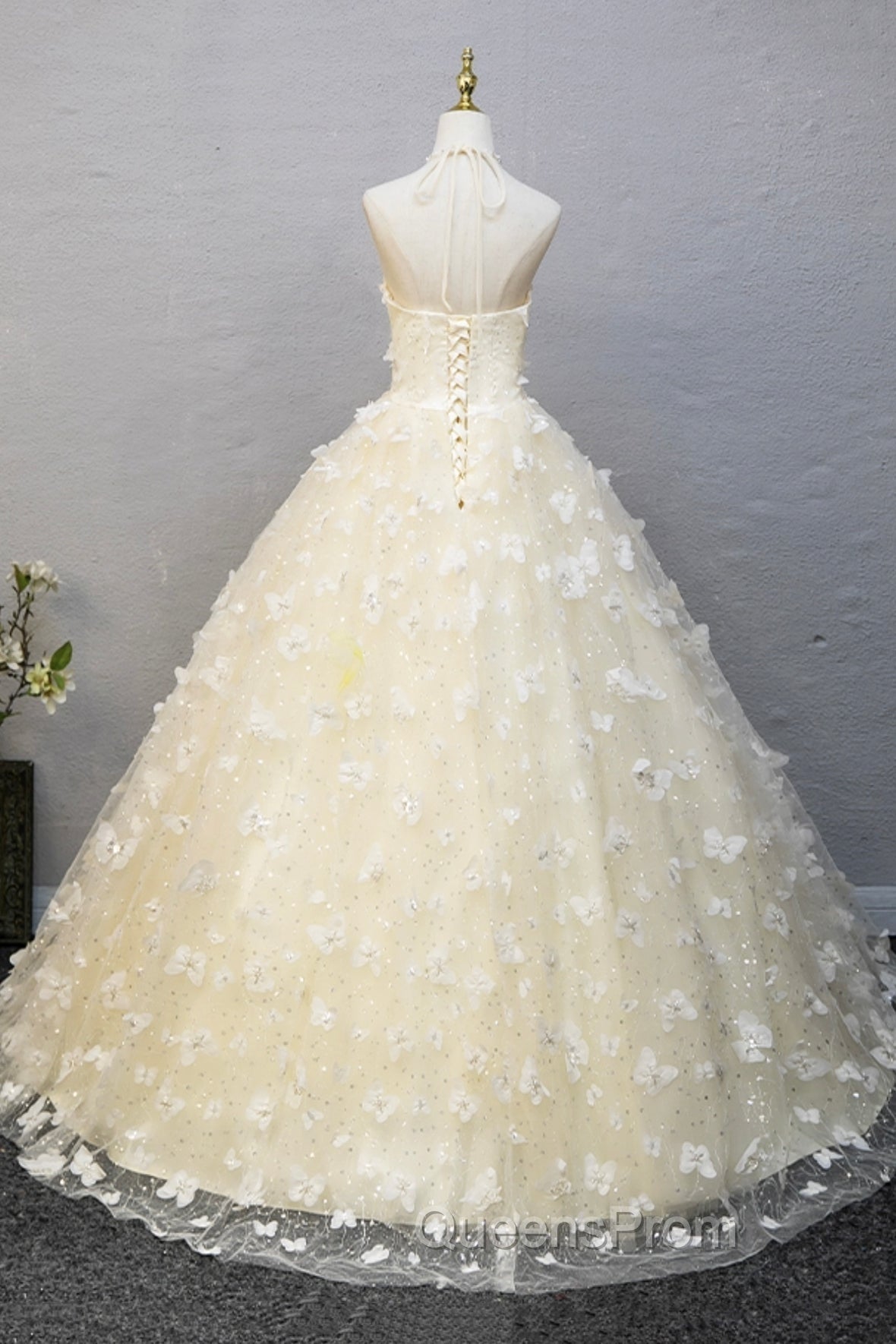 Elegant Halter Neckline Tulle Floor Length Evening Prom Dress, Yellow A-Line Evening Dress