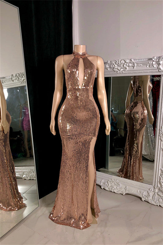 Elegant Halter Sleeveless Mermaid Prom Dresses Column Side Split With Zipper