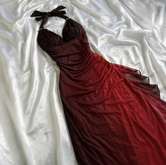 Elegant Halter Straps Ombre Burgundy Long Chiffon Classy Prom Dress