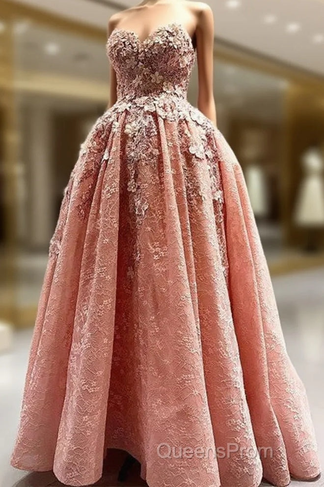 Elegant Handmade Flower Sweetheart Pink Lace Evening Prom Dress Main image