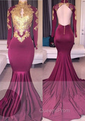 Elegant High-Neck Long-Sleeves Gold-Appliques Backless Evening Prom Dress