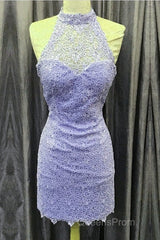 Elegant High Neck Open Back Lace Homecoming Dress Sheath Party Dress