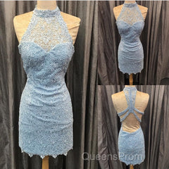 Elegant High Neck Open Back Lace Homecoming Dress Sheath Party Dress