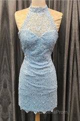 Elegant High Neck Open Back Lace Homecoming Dress Sheath Party Dress