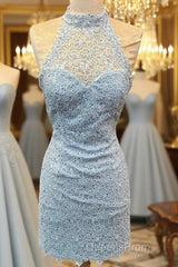 Elegant High Neck Open Back Lace Homecoming Dress Sheath Party Dress