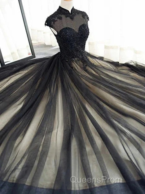 Elegant High Neck Evening Prom Dress Black Formal Dress A Line Floor Length Evening Dress