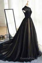 Elegant High Neck Evening Prom Dress Black Formal Dress A Line Floor Length Evening Dress