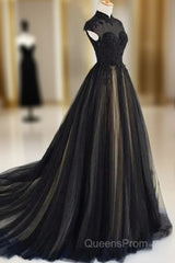 Elegant High Neck Evening Prom Dress Black Formal Dress A Line Floor Length Evening Dress