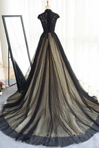 Elegant High Neck Swee Train Rhinestone Evening Prom Dress, Black Evening Dress