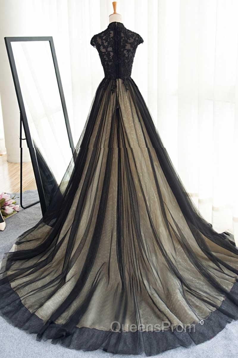 Elegant High Neck Swee Train Rhinestone Evening Prom Dress, Black Evening Dress
