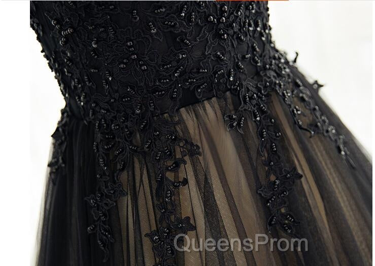 Elegant High Neck Swee Train Rhinestone Evening Prom Dress, Black Evening Dress