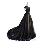 Elegant High Neck Swee Train Rhinestone Evening Prom Dress, Black Evening Dress