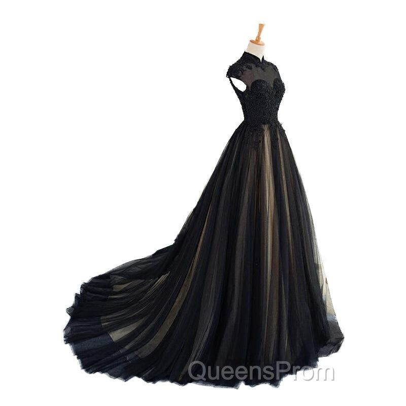 Elegant High Neck Swee Train Rhinestone Evening Prom Dress, Black Evening Dress