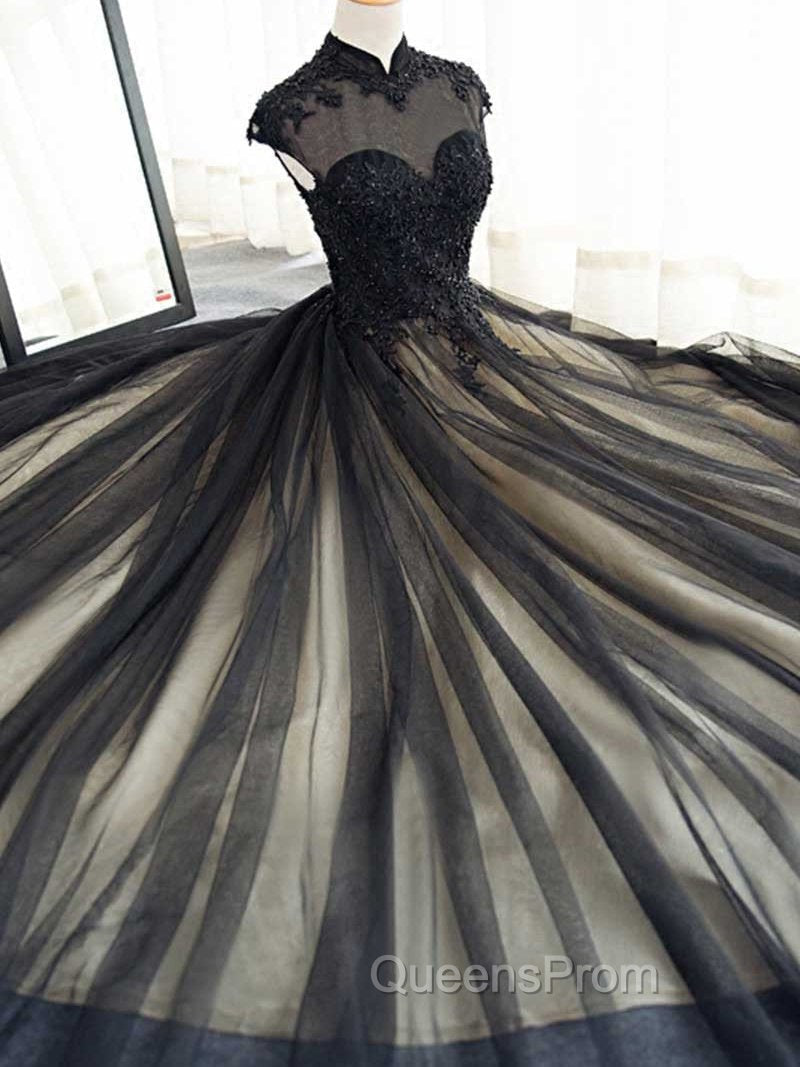 Elegant High Neck Swee Train Rhinestone Evening Prom Dress, Black Evening Dress Main image