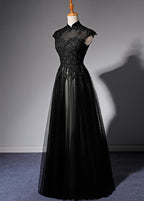 Elegant High Neckline Black Classy Evening Dress, Tulle With Lace Applique Classy Prom Dress