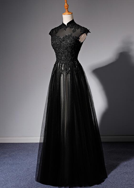 Elegant High Neckline Black Classy Evening Dress, Tulle With Lace Applique Classy Prom Dress