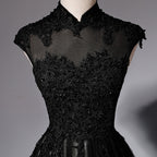 Elegant High Neckline Black Classy Evening Dress, Tulle With Lace Applique Classy Prom Dress