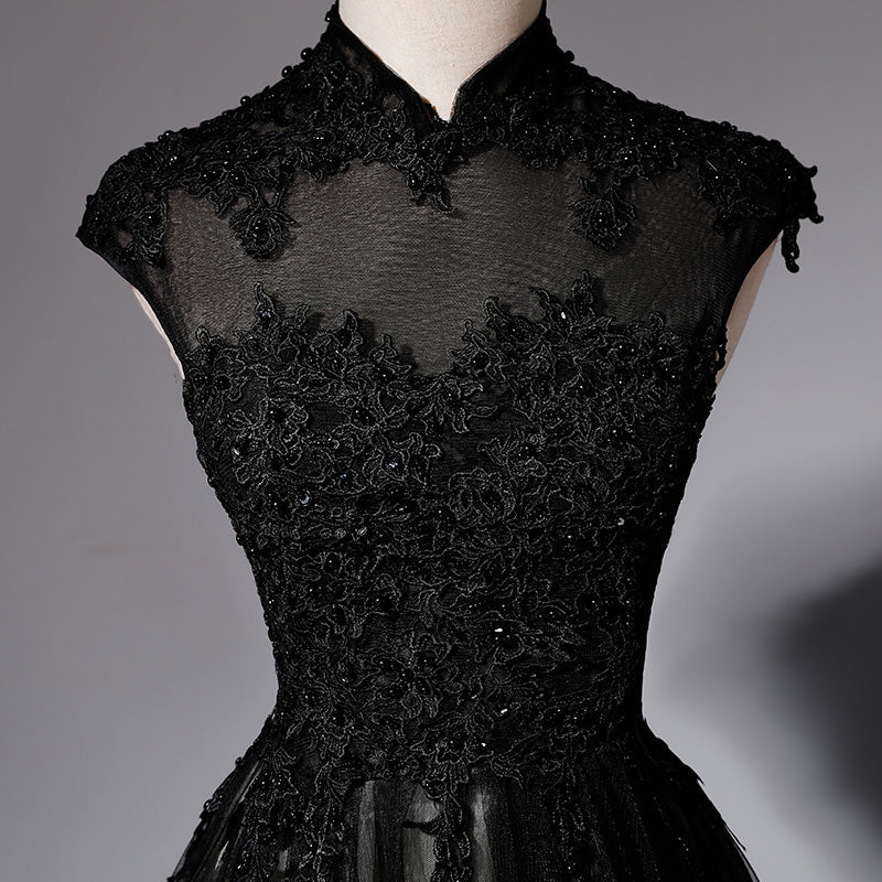Elegant High Neckline Black Classy Evening Dress, Tulle With Lace Applique Classy Prom Dress