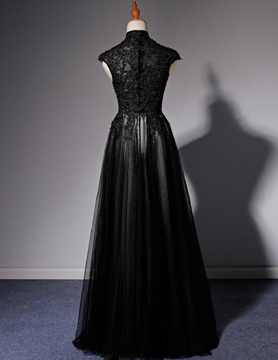 Elegant High Neckline Black Classy Evening Dress, Tulle With Lace Applique Classy Prom Dress