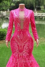 Elegant Hot Pink Mermaid Evening Prom Dress Sequin Evening Party Dress Pageant Dress for Women