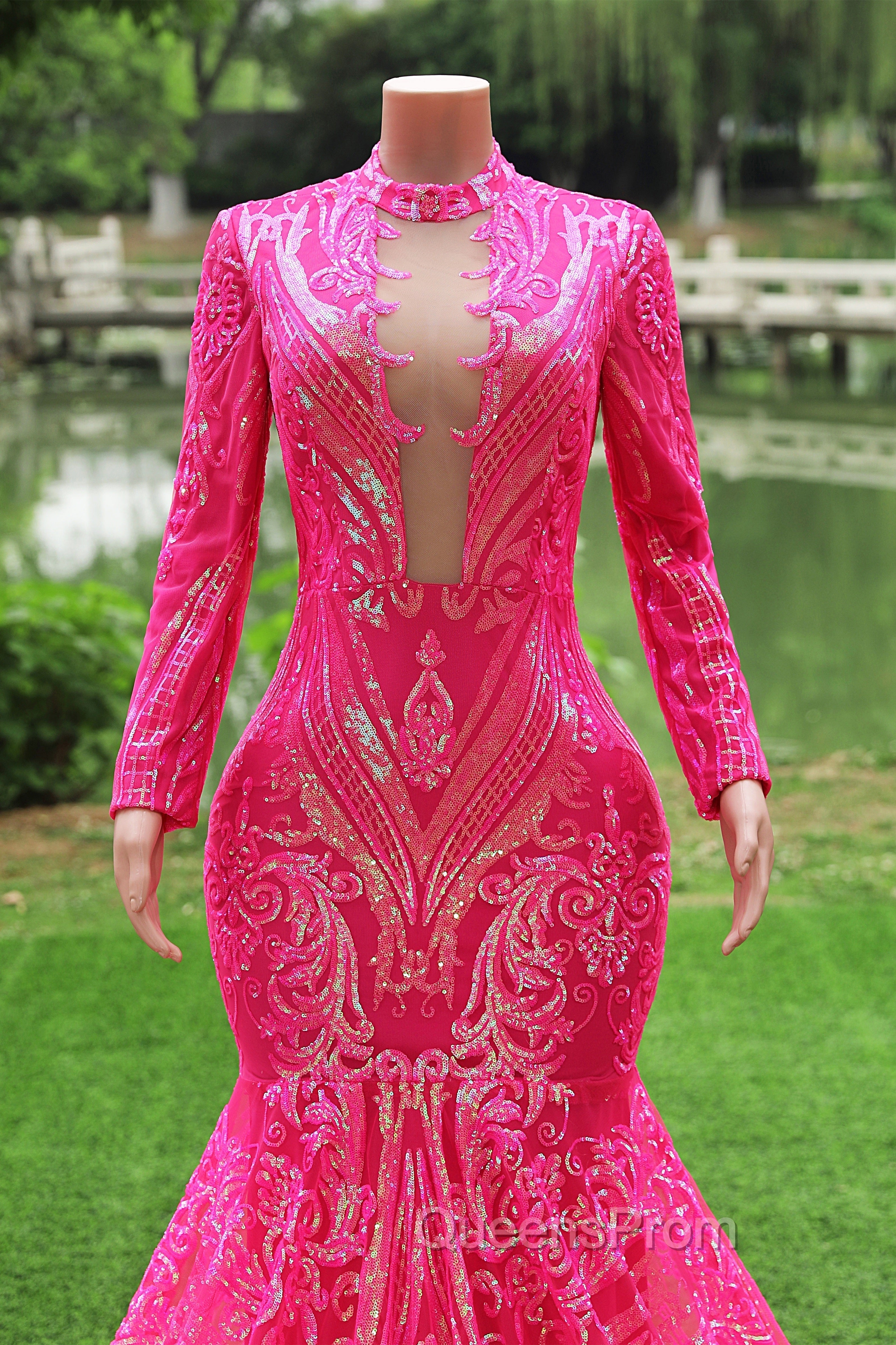 Elegant Hot Pink Mermaid Evening Prom Dress Sequin Evening Party Dress Pageant Dress for Women