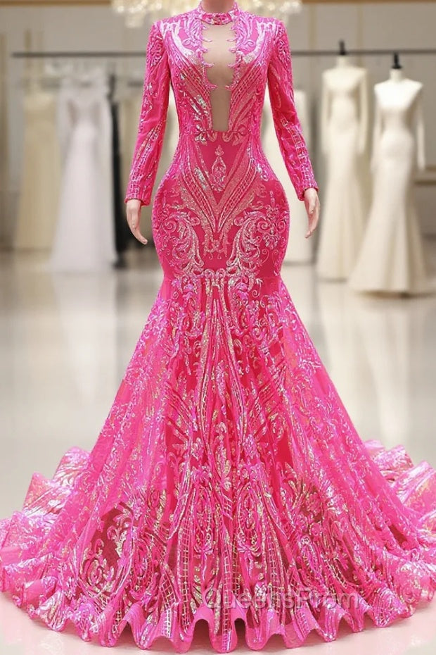 Elegant Hot Pink Mermaid Evening Prom Dress Sequin Evening Party Dress Pageant Dress for Women Main image