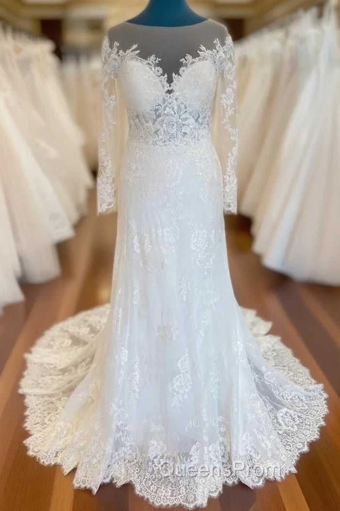 Elegant Illusion Neck Lace Wedding Dress With Long Sleeves Main image