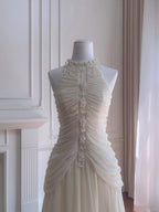 Elegant Ivory A-Line Halter Nack Pearl Pleated Chiffon Classy Prom Dress