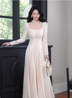 Elegant Ivory A-Line Square Neck Long-Sleeve Satin Long Classy Prom Dress