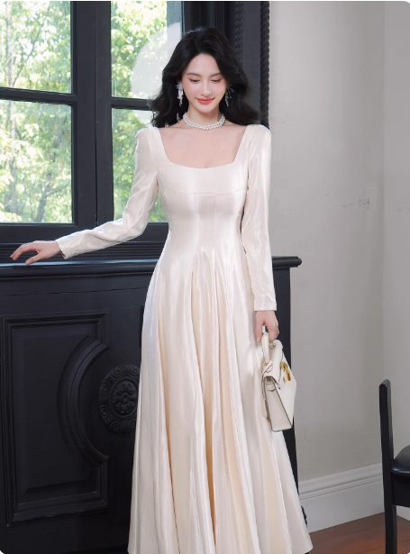 Elegant Ivory A-Line Square Neck Long-Sleeve Satin Long Classy Prom Dress