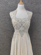 Elegant Ivory Cap-Sleeve Pearl Lace Chiffon Long Classy Prom Dress