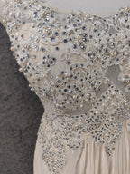 Elegant Ivory Cap-Sleeve Pearl Lace Chiffon Long Classy Prom Dress