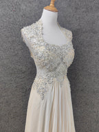 Elegant Ivory Cap-Sleeve Pearl Lace Chiffon Long Classy Prom Dress