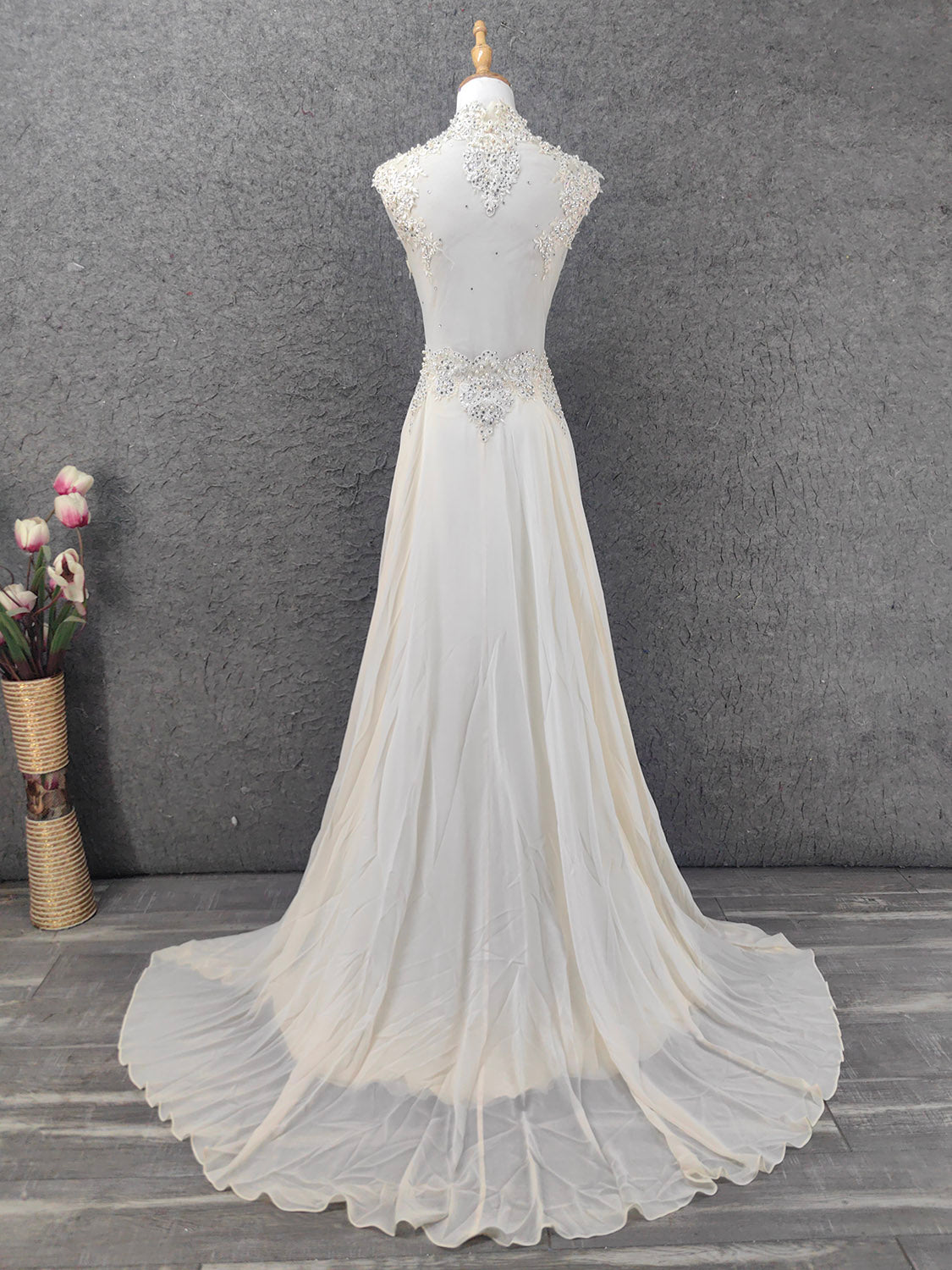 Elegant Ivory Cap-Sleeve Pearl Lace Chiffon Long Classy Prom Dress