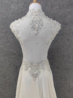 Elegant Ivory Cap-Sleeve Pearl Lace Chiffon Long Classy Prom Dress
