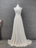 Elegant Ivory Cap-Sleeve Pearl Lace Chiffon Long Classy Prom Dress