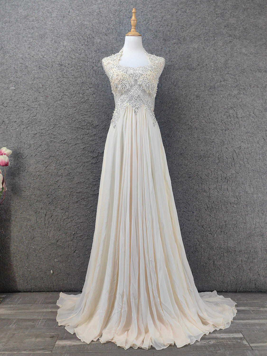 Elegant Ivory Cap-Sleeve Pearl Lace Chiffon Long Classy Prom Dress
