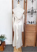 Elegant Ivory Halter Off-The-Shoulder Slim-Fit Satin Long Classy Prom Dress