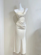 Elegant Ivory Mermaid One-Shoulder Neckline Pearl Rhinestone Satin Long Classy Prom Dress Bridesmaid Dress
