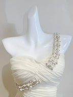 Elegant Ivory Mermaid One-Shoulder Neckline Pearl Rhinestone Satin Long Classy Prom Dress Bridesmaid Dress