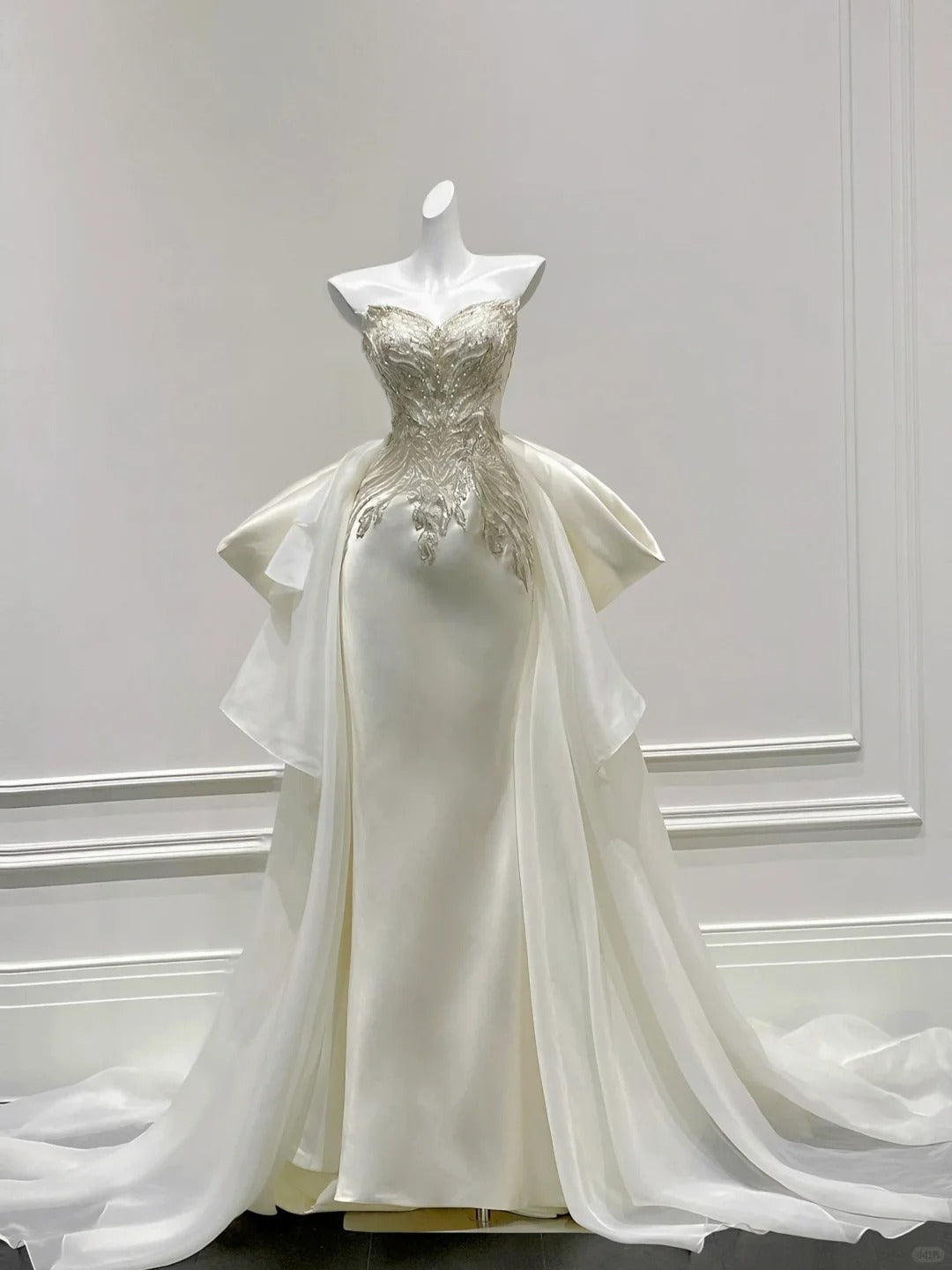 Elegant Ivory Mermaid Strapless Beaded Satin Wedding Dress With Train Secondary image