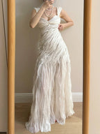 Elegant Ivory Pleated Satin Long Classy Prom Dress