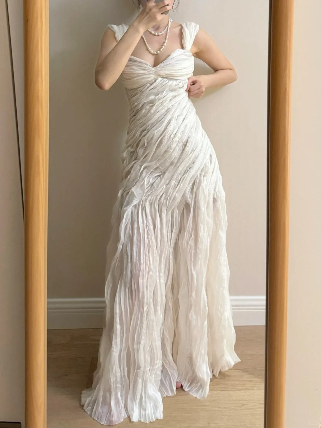 Elegant Ivory Pleated Satin Long Classy Prom Dress