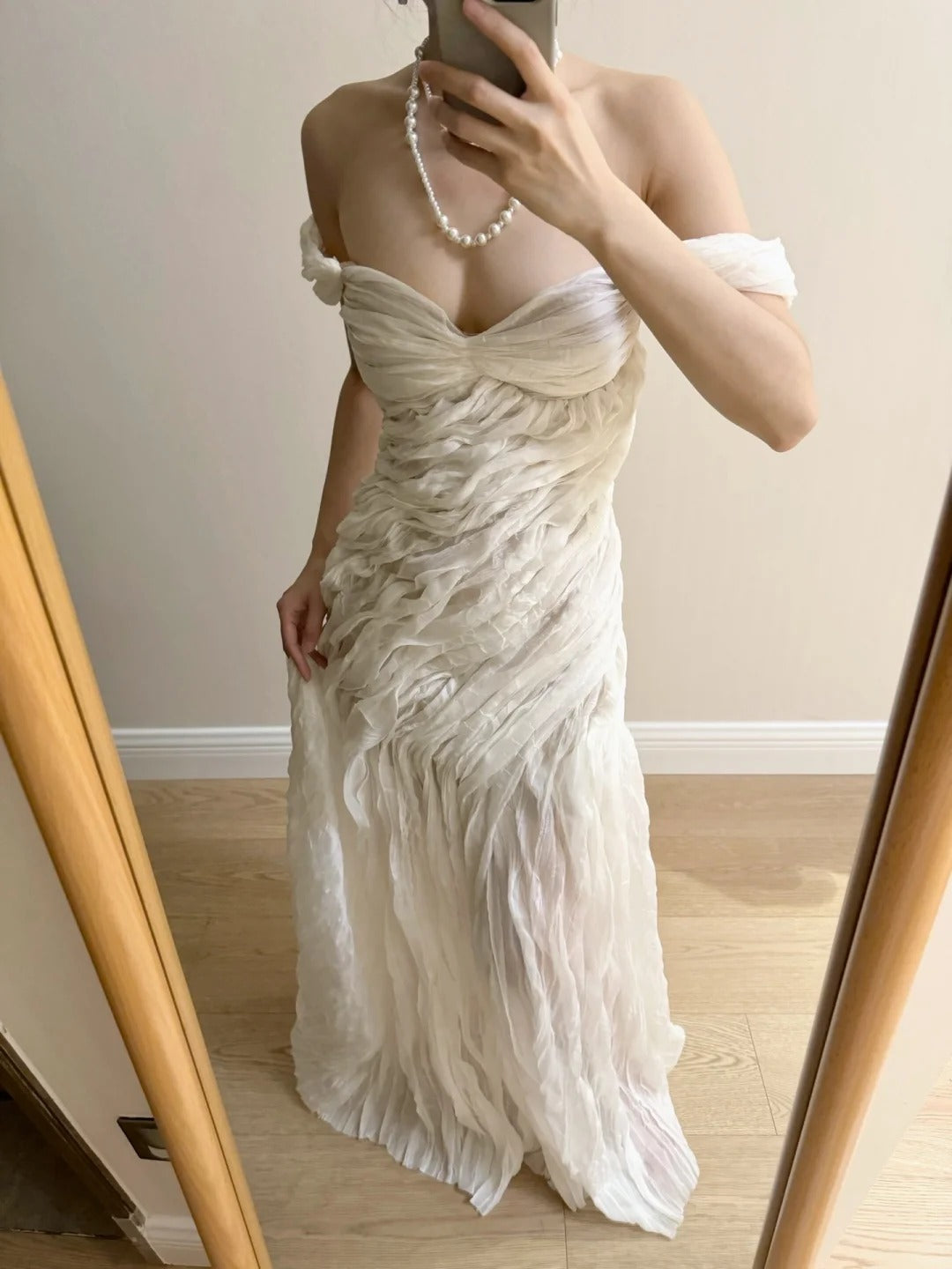 Elegant Ivory Pleated Satin Long Classy Prom Dress