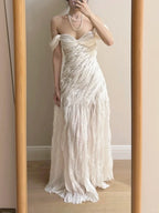 Elegant Ivory Pleated Satin Long Classy Prom Dress