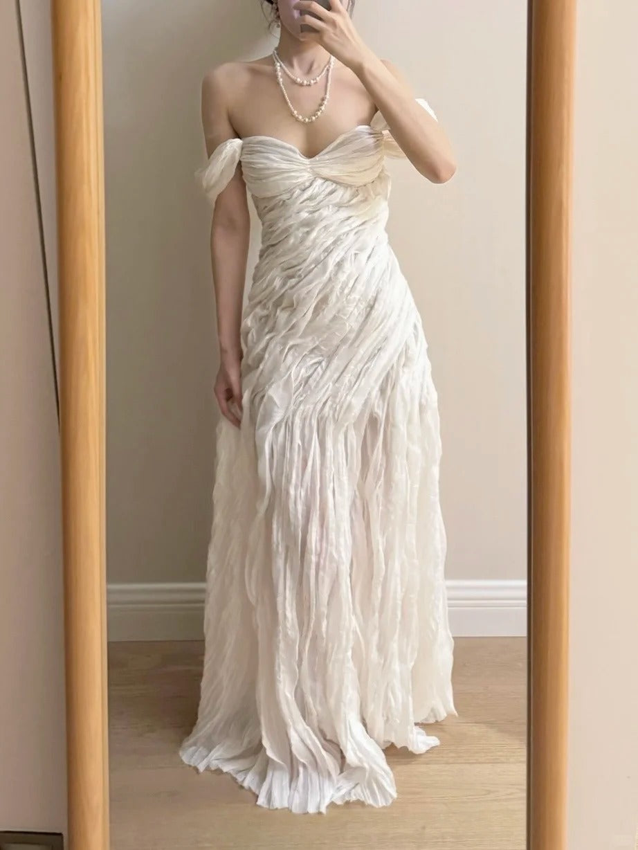 Elegant Ivory Pleated Satin Long Classy Prom Dress