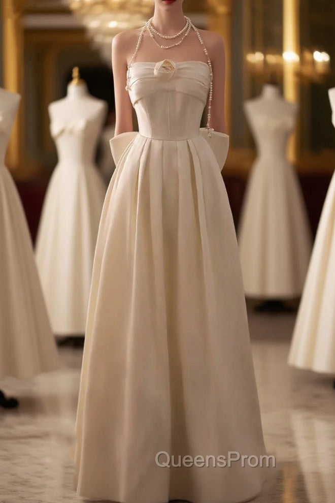 Elegant Ivory Satin Strapless Pleats Bow Wedding Dress Main image