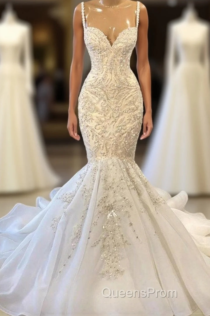 Elegant Ivory Spaghetti straps Sleeveless Mermaid Wedding Dress Main image