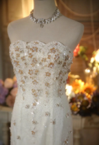Elegant Ivory Strapless Beaded Floral Tulle Train Long Classy Prom Dress