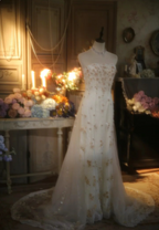 Elegant Ivory Strapless Beaded Floral Tulle Train Long Classy Prom Dress